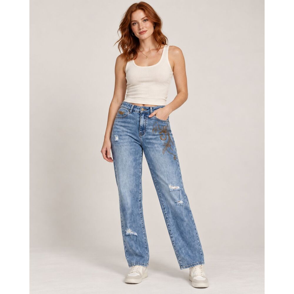 NKN Nekane Embroidered & Studded Distressed Boho Jeans, EU 38 / US 6